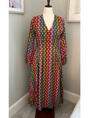 LIVRO Maxi Dress Size M Geometric Print 100% Cotton Block Mod Print Preppy